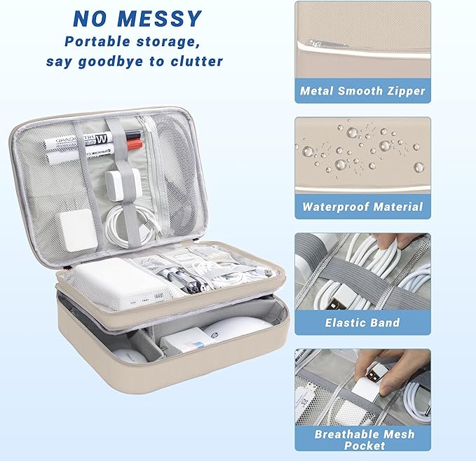 Electronics Organizer, Portable Cable Organizer Bags, Waterproof Electronic Accessories Storage Case for Cables, Cords, Charger, Phone (Three Layer-Beige)