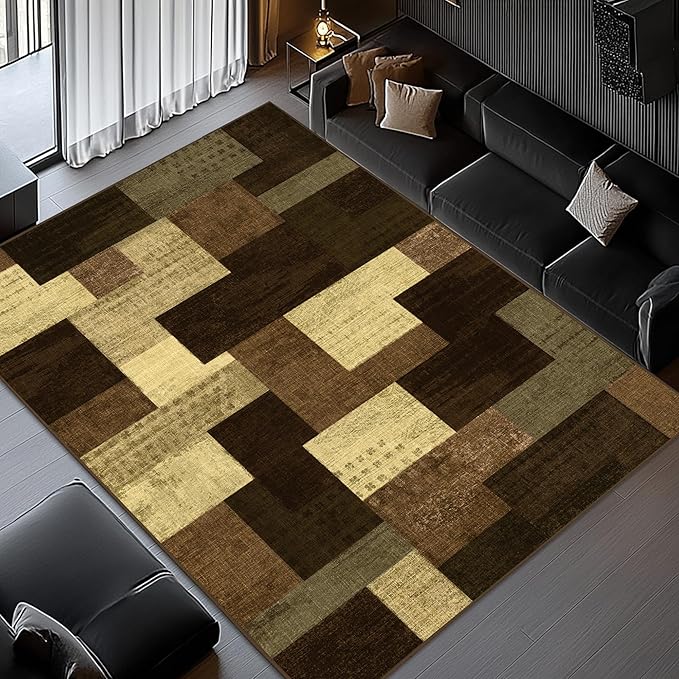 Modern Geometric Patchwork Indoor Area Rug for Living Room, Warm Taupe 6x9 Large Rug Rockwood Collection Hardwood Floors Decor for Bedroom, Taupe Throw Carpet for Office Entryway Dining Room