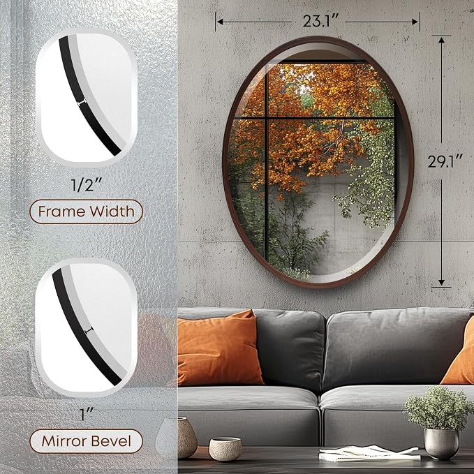 OVALCREST - Oval Wooden Beveled Wall Mirror for Home Decor, Bathroom, Vanity, Bedroom, Living Room, Hallway - London Style (Black Walnut) 29.1 x 23.1