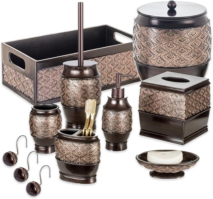 Creative Scents Dublin Brown Small Bathroom Trash Can with Lid - 1.3 Gal / 4.8L Decorative Oval Waste Basket - Durable Resin Garbage Can for Bathroom, Bedroom, Office Decor - Mini Wastebasket Bin