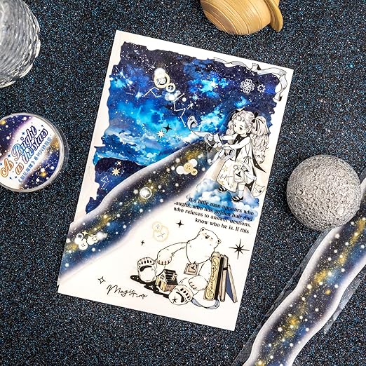 AuriicLeaf Galaxy-Themed Washi Tape Set, 4 Rolls of Decorative Glitter Tapes for Scrapbooking, Junk Journaling, DIY Crafts, and Art Supplies