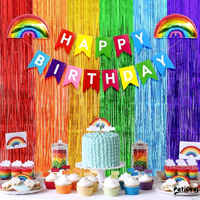 Thicken Rainbow Streamers 2 Pack 3.2 x 8.2 FT for Rainbow Birthday Party Decorations, Tinsel Backdrop Curtains, Foil Fringe Photo Backdrop for Fiesta, Mexican, Pride, Baby Shower Decorations