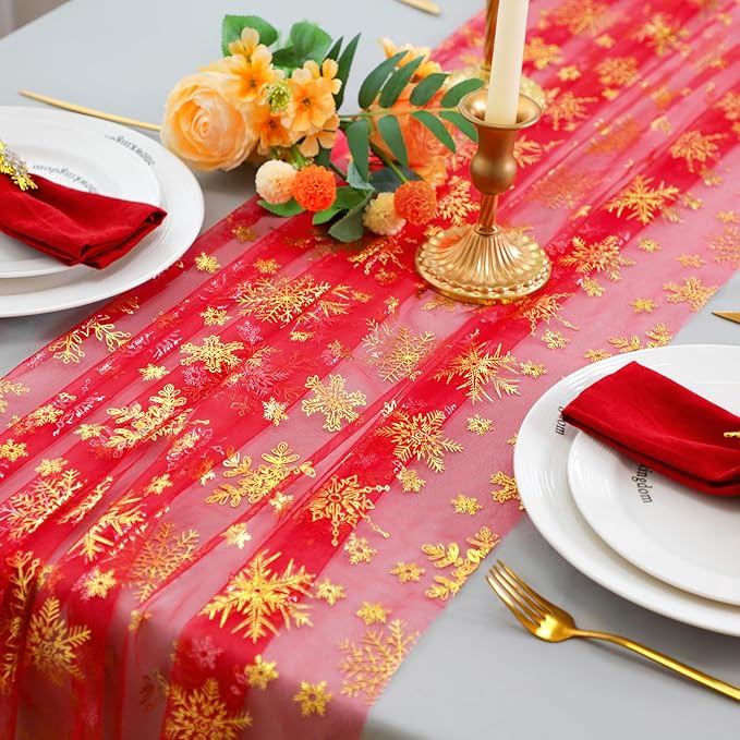 Snowkingdom Red Gold Snowflake Christmas Table Runner 120 Inches Long 10FT Sheer Tulle, Golden Snowflakes Xmas Seasonal Winter Kitchen Dining Holiday Wedding Table Decor for Home Party