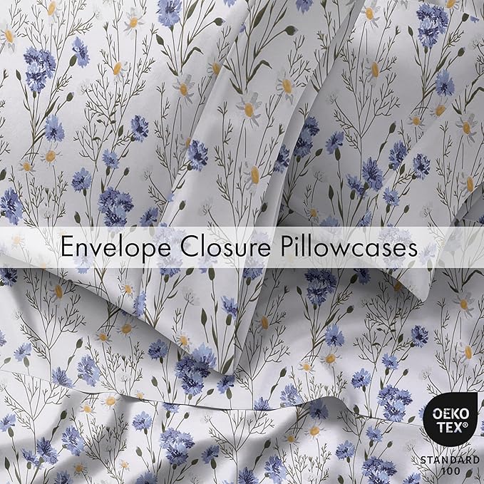 RUVANTI 100% Cotton Twin Sheets Set, 3 Pieces, Soft & Breathable Percale Weave Bedding, Deep Pocket 16", Hotel Standard, Crisp Cool Feel, Durable, Perfect Floral Bed Sheet, Sweet Pea