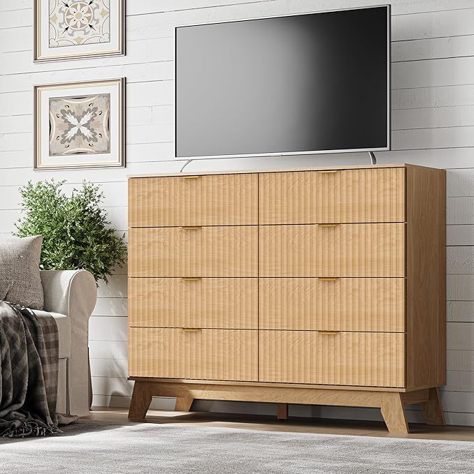 BORNOON Fluted 8 Drawer Tall Dresser, 47.2" Wide Modern Boho Chest of Drawers, Wooden Storage Dresser TV Stand for Bedroom, Living Room, Closet, Hallway, Curved Profile Design