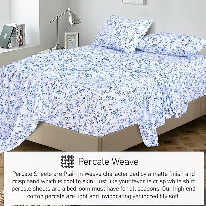 RUVANTI 100% Cotton King Size Sheets Set, 4 Pieces, Soft & Breathable Percale Weave Bedding, Deep Pocket 16", Hotel Standard, Crisp Cool Feel, Durable, Perfect Floral Bed Sheet, Annual