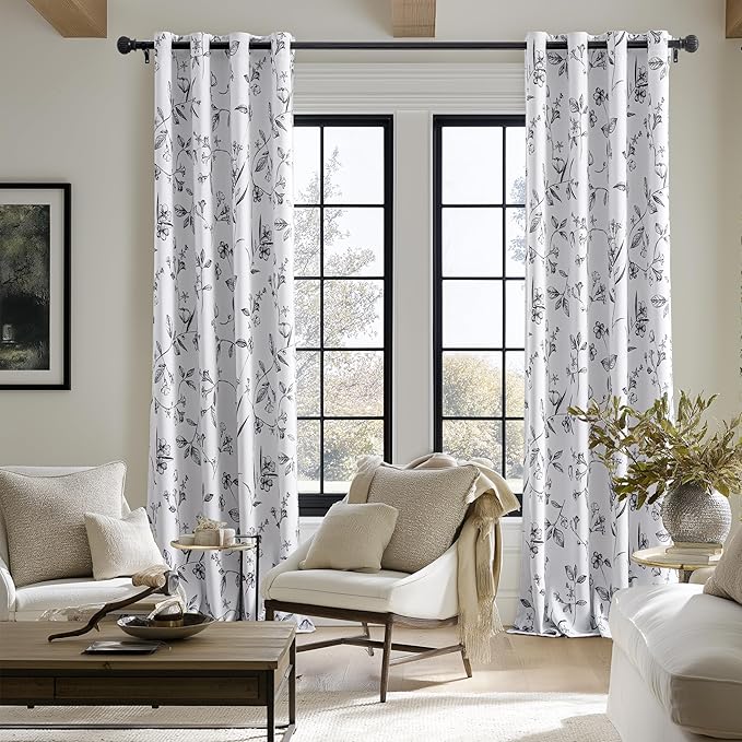 ChrisDowa 100% Blackout Floral Curtains 84 Inches Long 2 Panels for Bedroom Living Room Black Flower Patterned Room Darkening Thermal Insulated Soundproof Grommet Window Treatments Drapes,52X84