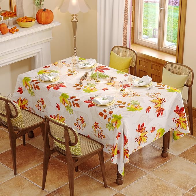 Fall Rectangle Tablecloth 60 x 120 Inch, Thanksgiving Autumn Harvest Maple Leaves Table Cloth, Spill Proof Wipeable Washable Rectangular Table Covers for Party Picnic Dinner Decor
