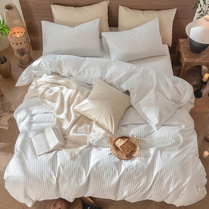 MooMee Striped Duvet Cover Set 100% Washed Cotton Linen Like Textured Breathable Durable Soft Comfy (White Cornflower Blue Wide Stripes, Full 80"x90")
