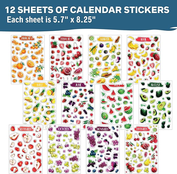 Monthly Calendar Planner Stickers - 12 Transparent Sticker Sheets with Beautiful Fruit Illustrations, Undated Calendar Stickers, Supplies for Planners or Bullet Journals