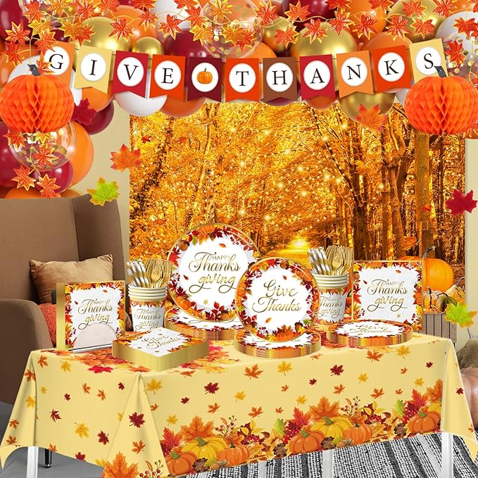 Thanksgiving Decorations,247pcs Fall Themed Give Thanks Decorations Thanks Giving Decorations Party Plates Napkins Cups Tablecloth Balloons for Thanksgiving Party Decorations,Serve 24