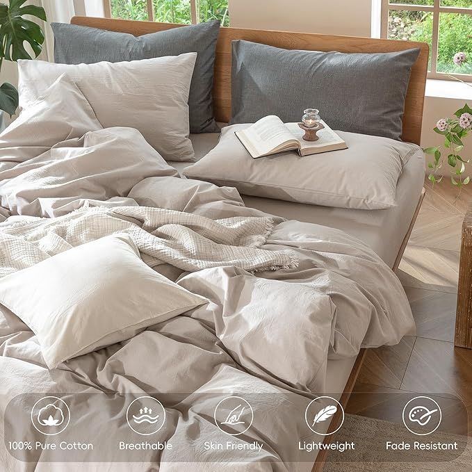 MooMee Bedding Duvet Cover Set 100% Washed Cotton Linen Like Textured Breathable Durable Soft Comfy (Solid Light Tan, Super King Plus 120"x120")