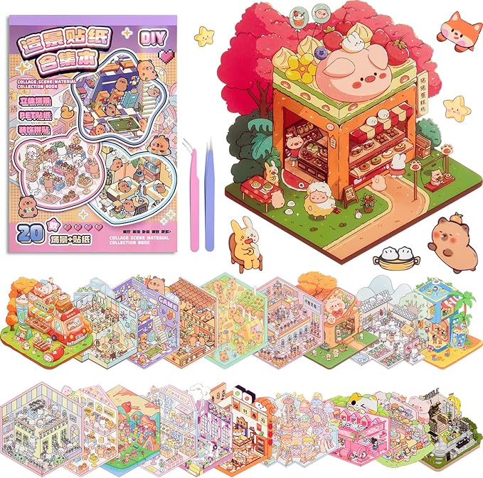 ASTARON 20 Sets DIY 3D Sticker Scene Book Sticker Therapy for Adults, Make Your Own Mini Cozy Shop House Room Stickers Cute Cartoon Miniature Stickers Relief Stress Pass The Time