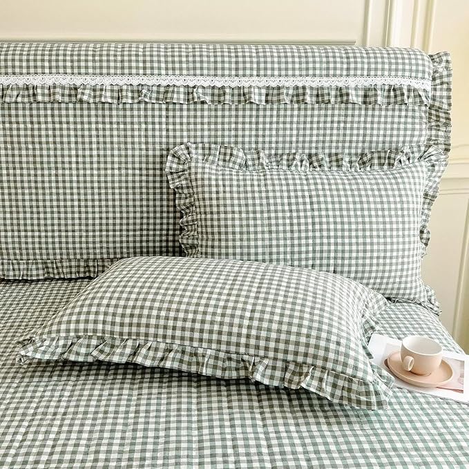 LifeTB Queen Comforter Set Green Gingham Comforter Vintage Ruffle Checkered Pattern Comforter Set Chic Grid Plaid Bedding Comforter Lightweight Fluffy Soft Gingham Bedding Set Queen Breathable