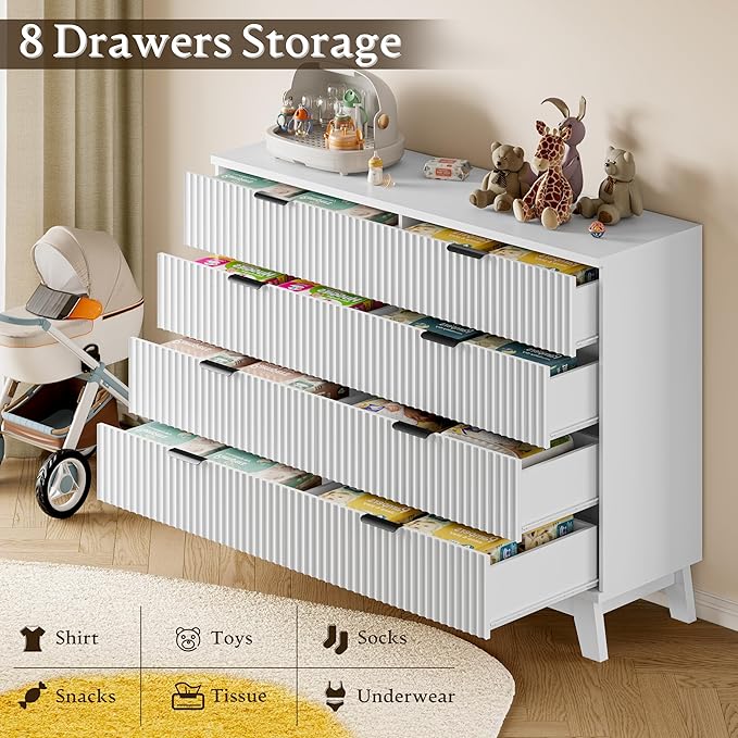 BORNOON 53" Tall Dresser for Bedroom, 8-Drawer Fluted Chest of Drawers, Modern Wood Highboy with Metal Slides and Handles, Anti-Tip Kit, Vertical Clothes Storage Organizer for Apartment, Closet