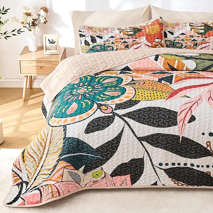 Quilt Set King Size, Boho Floral 3 Pcs Soft Bed Cover Bedding Set, Mid Century Flowers Lightweight Bedspread Coverlet with 2 Pillow Sham for All Season