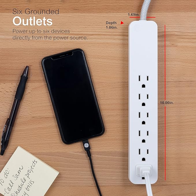 GE UltraPro 6 Outlet Surge Protector, 2 Ft Designer Braided Extension Cord, Flat Plug, Wall Mount, White, 45264