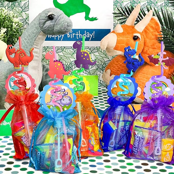 24 Reusable Dinosaur Drinking Plastic Straws + 6 Dinosaur Temporary Tattoos for Kids Girls Boys | Dinosaur Birthday Party Supplies Three Rex Party Favors Decorations with Cleaning Brush