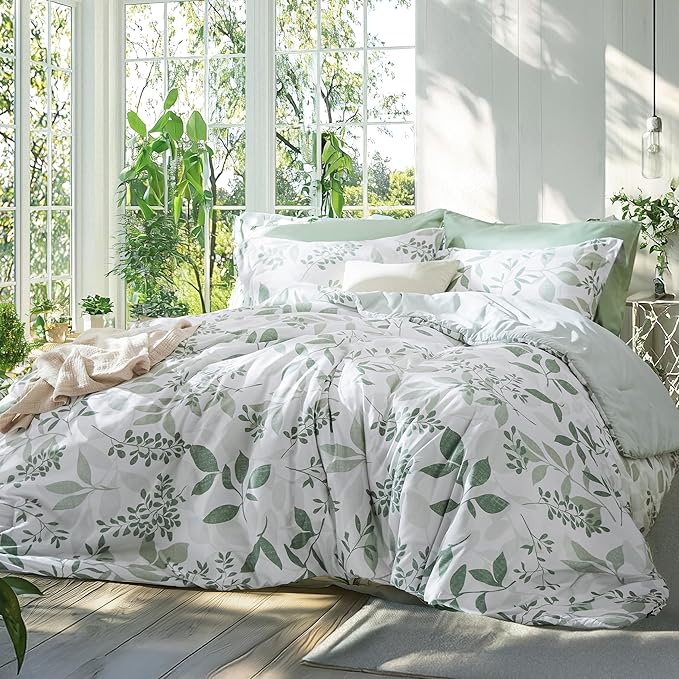 Bedsure Comforter Set Queen Size - Cute Floral Bedding Comforter Set, 3 Pieces, 1 Soft Reversible Sage Green Botanical Flowers Comforter and 2 Pillow Shams