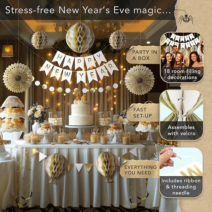 Premium Reusable New Years Decorations 2026 - Multi-occasion Happy New Year Banner also spells Happy Birthday, Fast Assembly with Velcro - NY Eve 2026 Party Supplies / White and Gold Party Decorations
