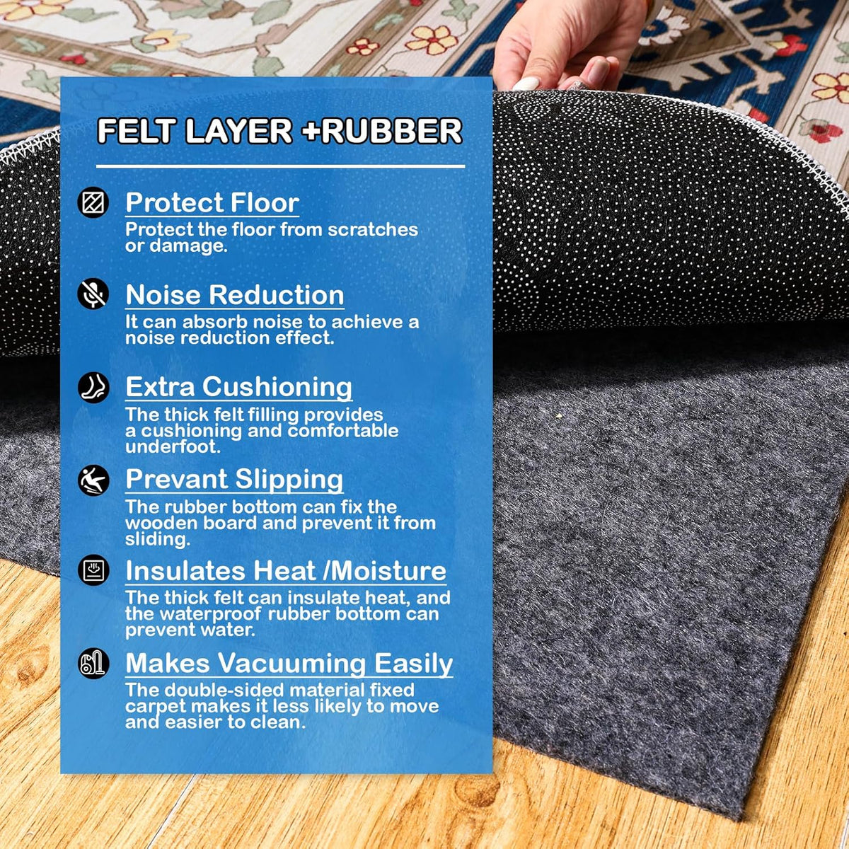 Non-Slip Rug Pads 2 x 20ft, 100% Waterproof Extra Large Area Rugs Non Skid Rug Pad for All Floors and Finishes Durable Hardwood Floor Protective Felt Keeps Rugs in Place, Safe and Secure