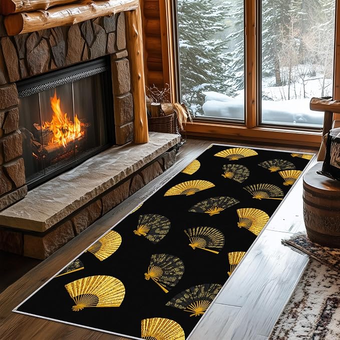 Oriental Fan Runner Rug 3x8, Black and Gold Vintage Asian Design, Japanese Style Area Rug, Washable Carpet Runner for Bedroom, Standard Hallways, Kitchen Walkway, Dining Room Sideboard