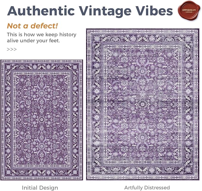 OPPODREAM Vintage Purple Round Rug 8ft, 8 ft Retro Washable Circle Rug Non Slip, Low-Pile Faux Wool Circular Carpet, Distressed Floor Mat for Living Room, Bedroom, Office, Dorm, Dinning Room