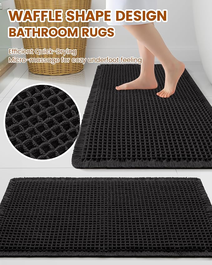 Smiry Waffle Bath Mat 59x35, Extra Soft Absorbent Bathroom Rugs, Non Slip Machine Washable Quick Dry Bath Rugs for Bathroom Floor, Tub, Shower, Home Decor Accessories, Black