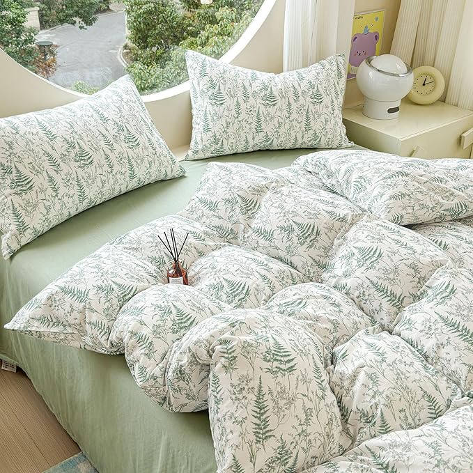 LifeTB Muslin Duvet Cover Twin Size 100% Cotton Botanical Floral Comforter Cover Ultra Soft Cottagecore Bedding Set Lightweight Linen Feel Textured Breathable Gauze Duvet Cover with 2 Pillowcases