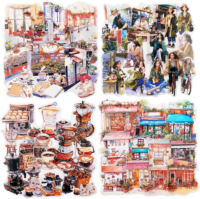 AuriicLeaf Coffee Memories PET Stickers, 120 PCS Vintage Cafe Scene Stickers for Scrapbook, Journals, Planners and DIY Craft Decoration