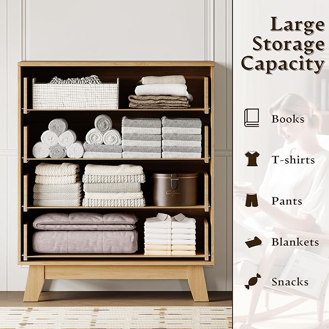 BORNOON 39" Tall Dresser for Bedroom, 4-Drawer Fluted Chest of Drawers, Modern Wood Highboy with Deep Storage, Metal Slides & Handles, Anti-Tip Kit, Vertical Clothes Organizer for Apartment, Nursery