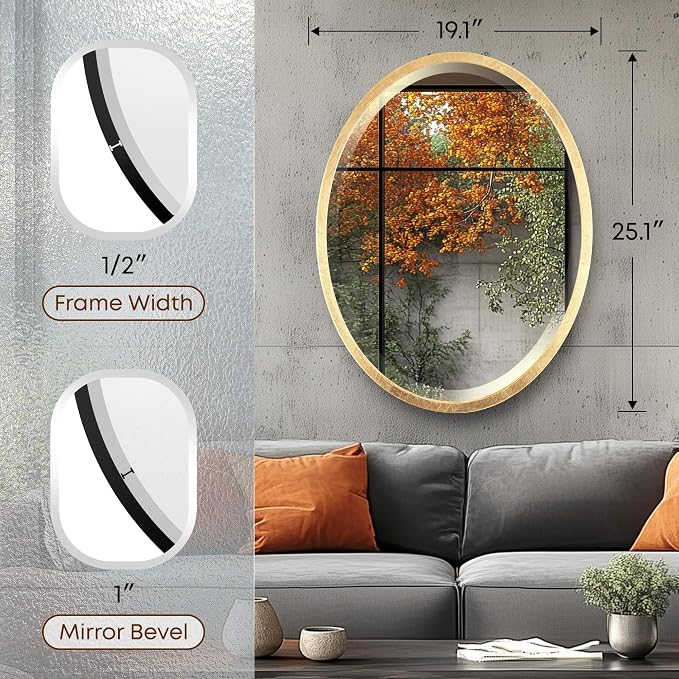 OVALCREST - Oval Wooden Beveled Wall Mirror for Home Decor, Bathroom, Vanity, Bedroom, Living Room, Hallway - London Style (Gold Leaf) 25.1 x 19.1