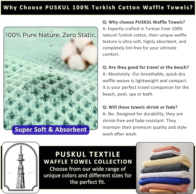 PÜSKÜL 4-Piece Natural 100% Turkish Cotton Luxury Waffle Towels for Bathroom | Premium Honeycomb Weave 2 Hand Towel & 2 Bath Towel Set | Soft Absorbent Quick-Dry Lightweight Towels (Khaki Green)