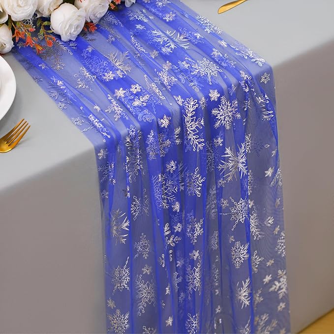 Snowkingdom Blue Silver Christmas Snowflake Table Runner 10ft, Royal Blue Tulle Gauze Sheer 120 Inch Winter Cheesecloth Table Runner for Seasonal Holiday Party, New Year, Wedding Dining Table Decor