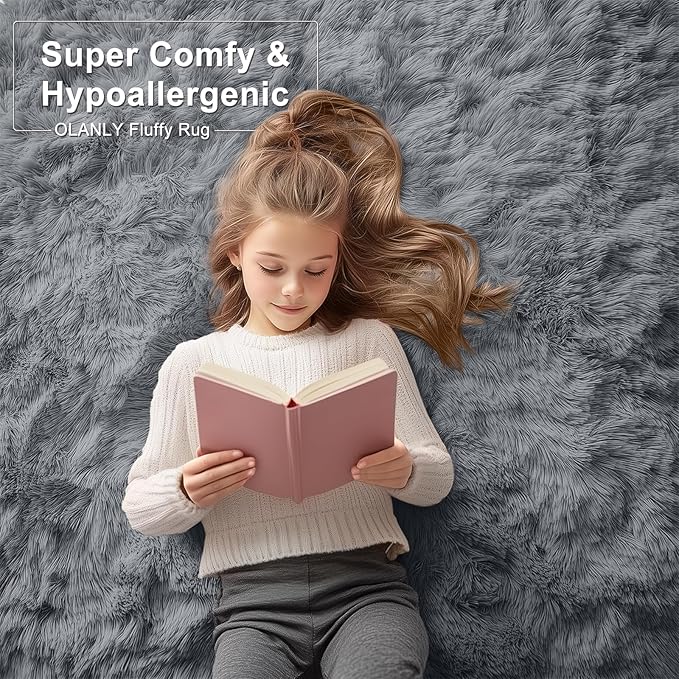 OLANLY 4x10 Area Rugs for Living Room Bedroom, Machine Washable Soft Fluffy Shaggy Bedside Rug, Indoor Floor Carpet for Kids Girls and Boys, Dorms, Nursery Rooms, Home Decor Aesthetic, Grey