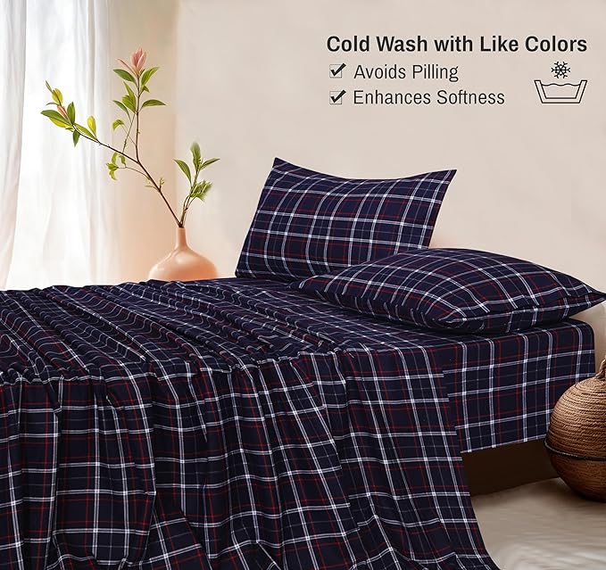 RUVANTI Flannel Sheets Twin XL Size - 100% Cotton Double Brushed Twin XL Sheet Sets, Deep Pockets 16 Inches, All Seasons Breathable & Extra Soft Bed Sheets, Warm & Cozy, 3 Piece, Yankees Blue