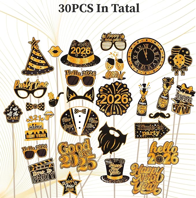31 Pcs New Year Eve Photo Booth Props, Happy New Year 2026 New Years Decorations 2026, Black Gold Photo Booth Props Kit for New Years Eve Party Supplies 2026 Photo Props with Photo Frame Hats Glasses