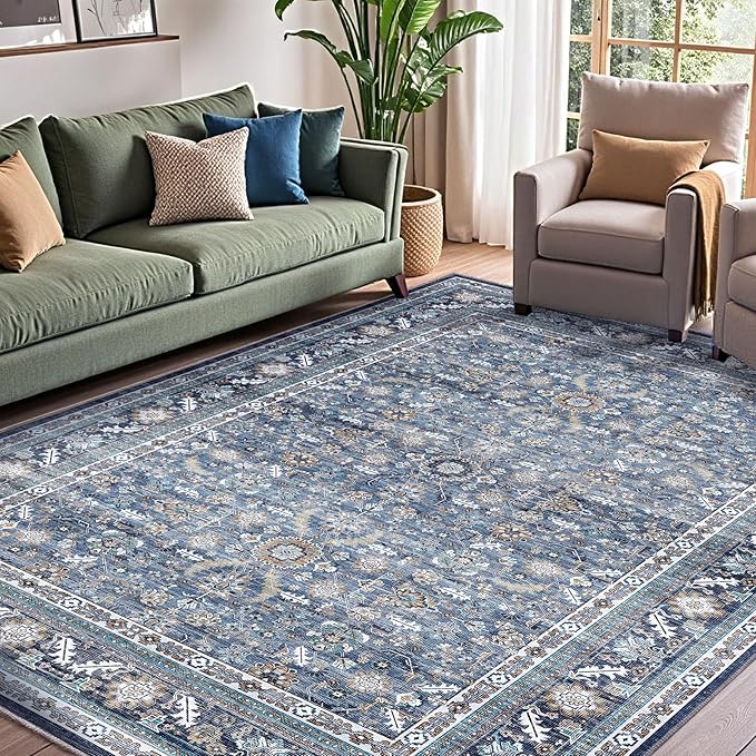 OPPODREAM Vintage Blue Area Rugs 8x10, 8 x 10 Retro Washable Rug Non Slip, Low-Pile Faux Wool Carpet, Distressed Navy Floor Mat for Living Room, Bedroom, Office, Dorm, Dinning Room, Big & Large