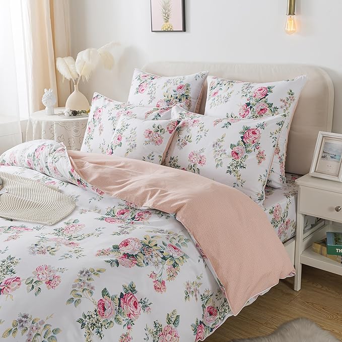 FADFAY Duvet Cover Set Full Pink Rose Floral Bedding Shabby Peony Flower Quilt Cover Set Vintage Farmhouse Bedding 100% Cotton Soft Comforter Cover Set with Hidden Zipper Closure 3Pcs, Full Size