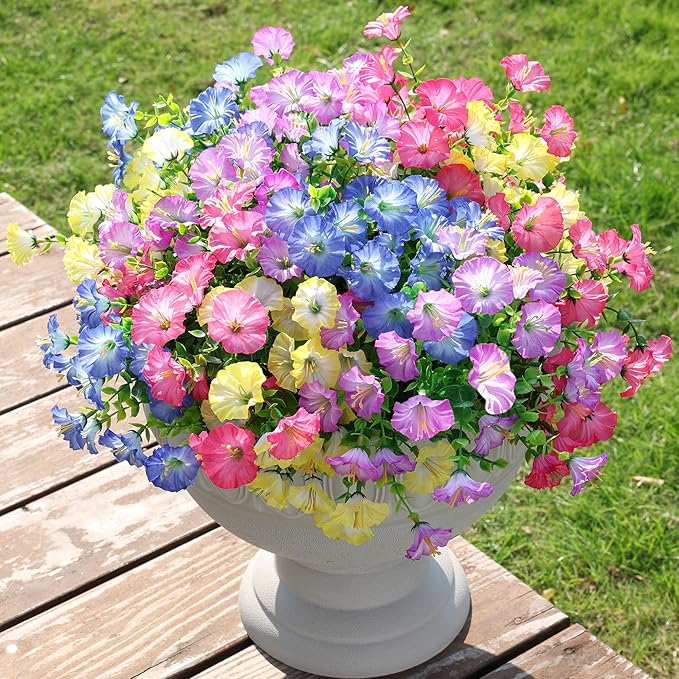 Artificial Flowers Fake Plants for Outdoors Decoration, 12 Bundles Silk Morning Glory with Eucalyptus Realistic UV Resistant Faux Flowers for Outside Planter Porch Yard Patio Garden Home Indoor, Mix