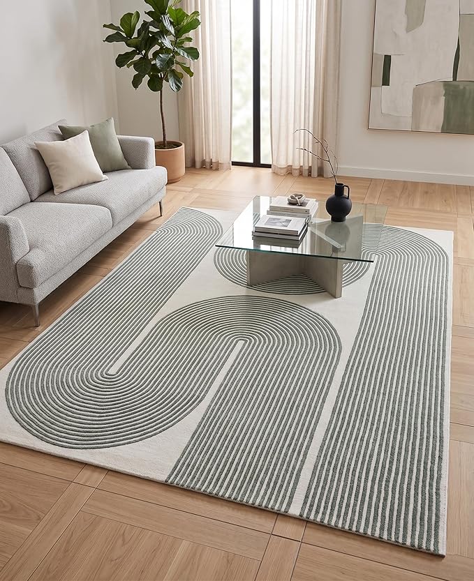 Modern Handmade Wool Area Rug, Abstract Curved Line Geometric Indoor Carpet for Living Room Bedroom, Contemporary Tufted Rug with Soft Pile and Cotton Backing (Sage Green, 5' x 8')