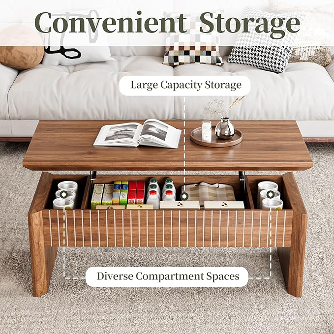 Lift Top Coffee Table with Storage, Mid Century Modern Coffee Table with Hidden Compartment, Fluted Wood Rectangle Center Table for Living Room, Home Office, Walnut (Walnut, 42.5" W)