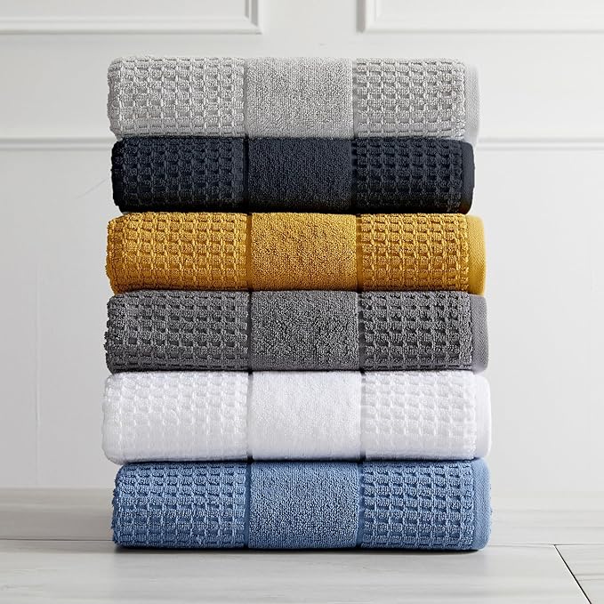 Market & Place 100% Cotton Super Soft Luxury Towel Set | Quick-Dry and Highly Absorbent | Waffle Textured | 550 GSM | 2 Bath Towels, 2 Hand Towels, & 2 Washcloths | Harper Collection (Black)