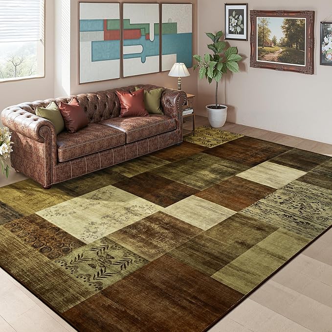 Tepook 8x10 Area Rugs for Living Room, Modern Large Geometric Rug for Bedroom, Washable Patchwork Rug Indoor Non Slip Throw Carpets for Dining Room Office Farmhouse Home Decor, Brown