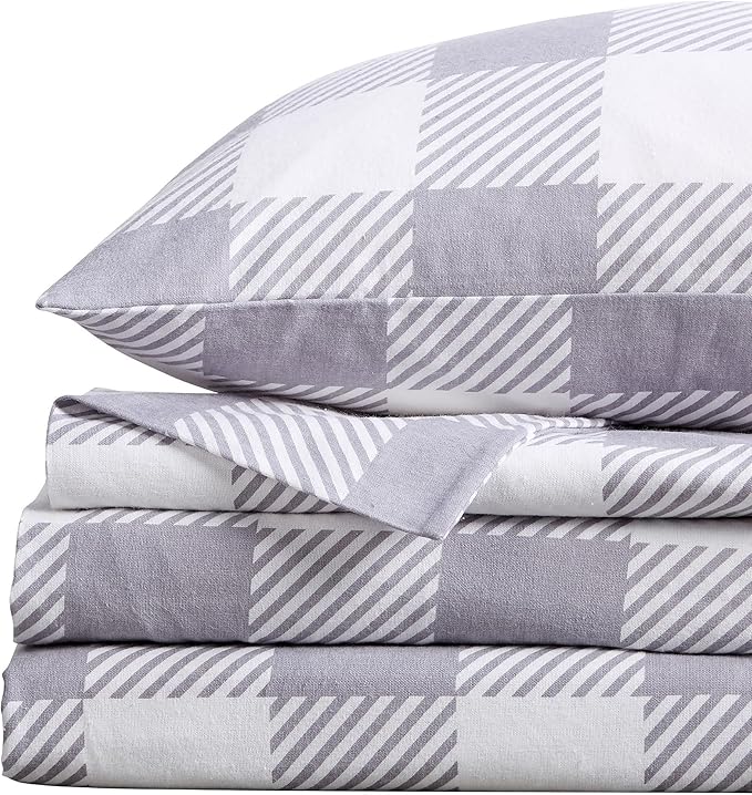 Market & Place 100% Turkish Cotton Flannel Sheet Set | 4 Piece Deep Pocket Novelty Cozy Winter Bed Sheets | Double Brushed for Extra Softness & Comfort | Queen, Buffalo Check Grey