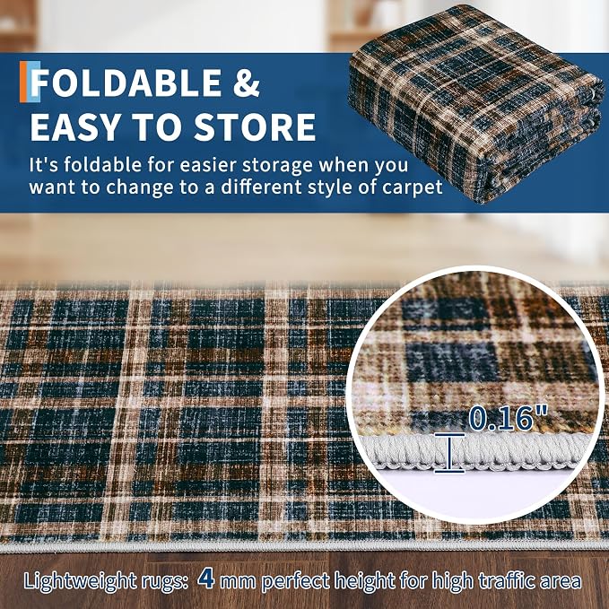 Large Living Room Rugs 10x13 Area Rug Stain Resistant Farmhouse Dining Room Carpet Non Slip Checkered Bordered Carpet for Classroom Dining Room, Black&Brown