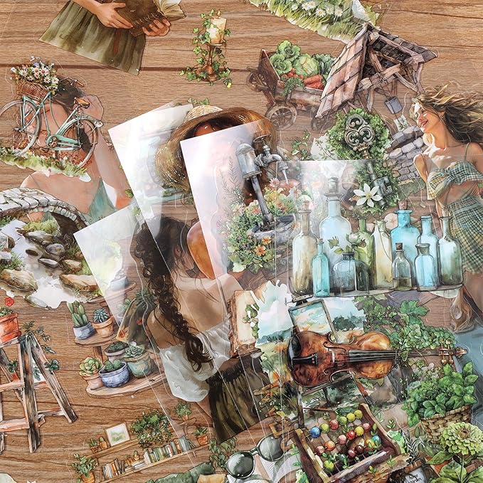 Auguro PET 20 Sheets 180 Pre-Cut Spring Journal Sticker Book for Scrapbooking People Landscape Stickers Transparent Sticker for journaling