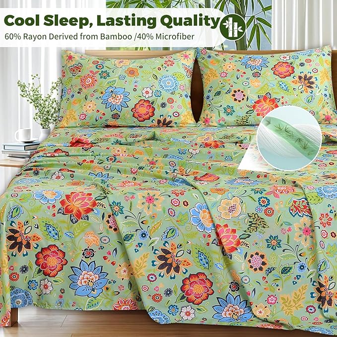 Bedlifes Queen Floral 4-Piece Sheet Set - Cooling Sheets Blend Rayon Derived from Bamboo,Soft & Breathable, Deep Pocket 16", Wrinkle Resistant - Vibrant Boho Floral Sage Green