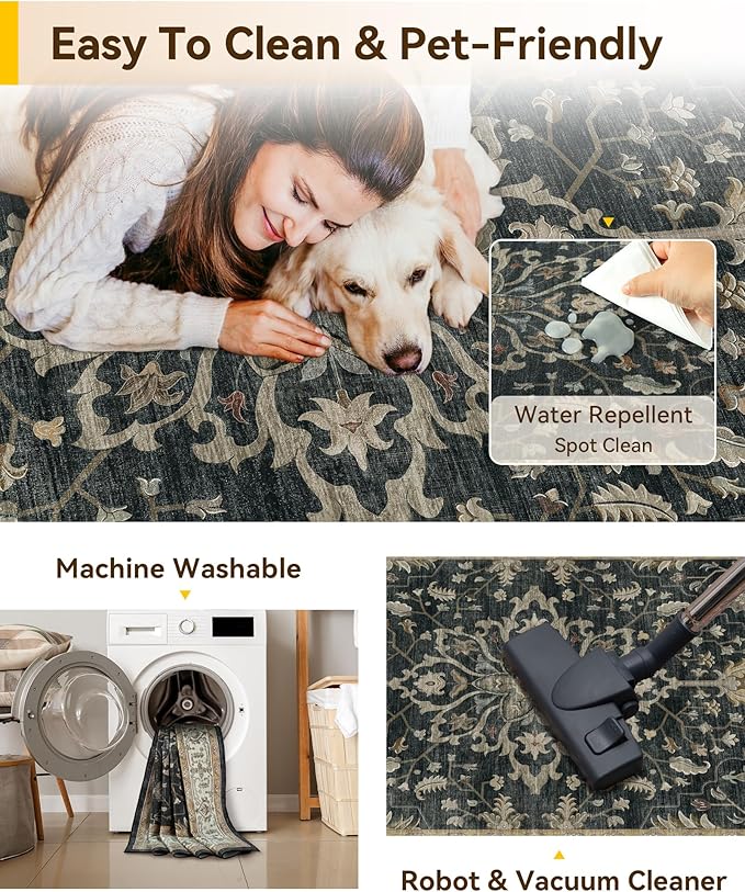 Area Rugs 2'x6' Runner Rug Non Slip Washable for Kitchen Hallway Bedroom Beside Laundry Room Bathroom Rug, Floor Carpet, Vintage Black Brown Neutral