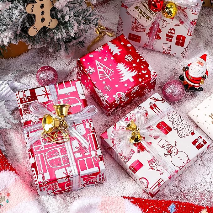MAYPLUSS Wrapping Paper Roll - Mini Roll - 17 inch X 120 inch Per roll - 3 Different Red and White Christmas Design with Glitter Metallic Foil Shine (42.3 sq.ft.ttl)